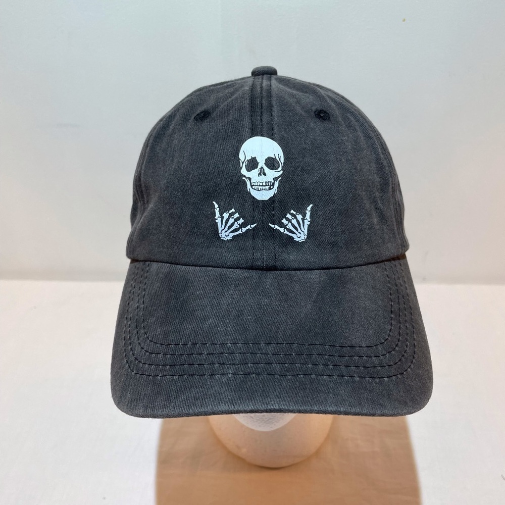 Baseball Hat Skull Print Hang Loose Adjustable Unisex Washed Black